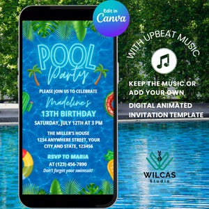 Blue Pool Party Birthday Invitation with Music, Editable Tropical Summer Invite for Kids, Digital Invite for Boys or Girls, Canva Template