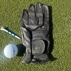 Luva de golfe com monograma inicial personalizada de couro PRETO masculino, presente personalizado de luxo para amantes do golfe