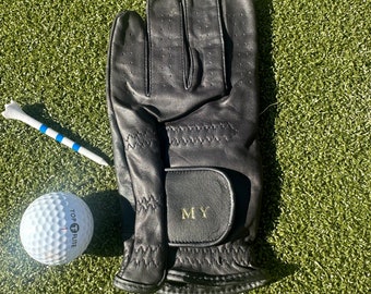 ZWART leer heren golfhandschoen op maat eerste monogram, luxe gepersonaliseerd cadeau voor golfliefhebbers
