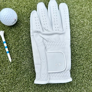 Perfect gift for golfers. Personalized initials on white leather golf glove. Unique custom gift for dads, husbands, brothers, son.