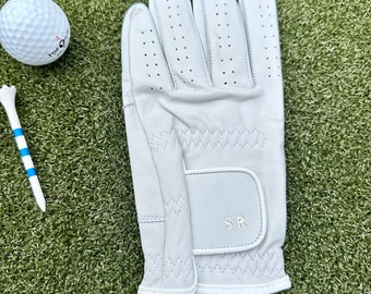 Perfect gift for golfers. Personalized initials on white leather golf glove. Unique custom gift for dads, husbands, brothers, son.