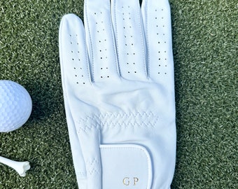 Mens white leather customized initial monogram golf glove, luxury personalized gift for golf lovers