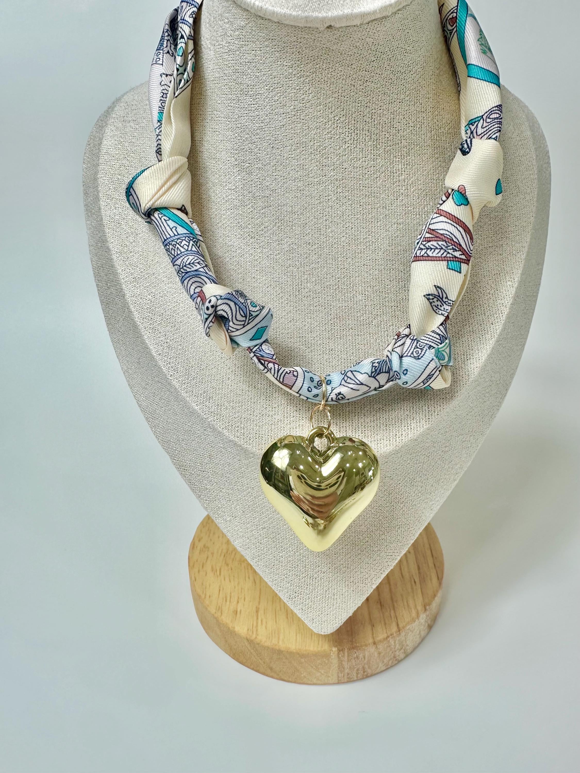 White Silk knotted scarf bandana, puffy heart charm pendant necklace. adjustable tie jewelry. perfect birthday Mothers Day gift