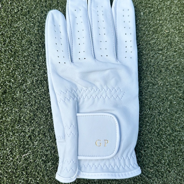 Mens Christmas gift. white leather customized initial monogram golf glove, luxury personalized gift for golf lovers.