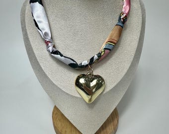 Silk knotted scarf bandana charm pendant necklace. adjustable tie pink puffy heart  jewelry. perfect birthday Mothers Day teacher gift