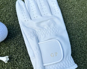 Mens Valentine’s Day gift. white leather customized initial monogram golf glove, personalized gift for golf lovers. Boyfriend, husband gift