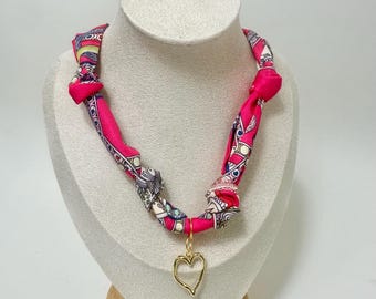 Silk knotted scarf bandana charm pendant necklace. adjustable tie pink ladies heart jewelry. perfect birthday Mothers day, teacher gift
