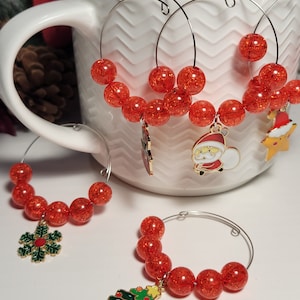 Set of 6 Christmas Wine glass charms, Coffee mug charm, drink marker