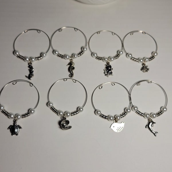 Set of 8 Wine glass charms, Coffee mug charm, drink marker, Beach, Starfish charms, Ocean, drink marker