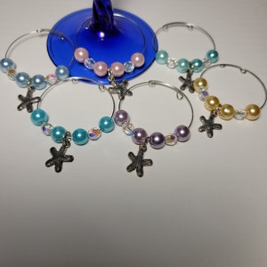 Set of 6 Wine glass charms, Coffee mug charm, drink marker, Beach, Starfish charms, Ocean, drink marker