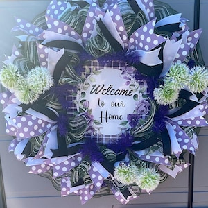Welcome to Our Home purple and green everyday wreath