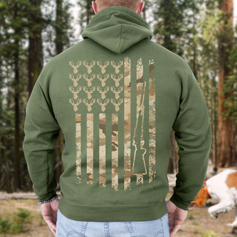 Patriotic hunting hoodie with deer camo flag design, perfect gift for dads or husbands who live for hunting season.