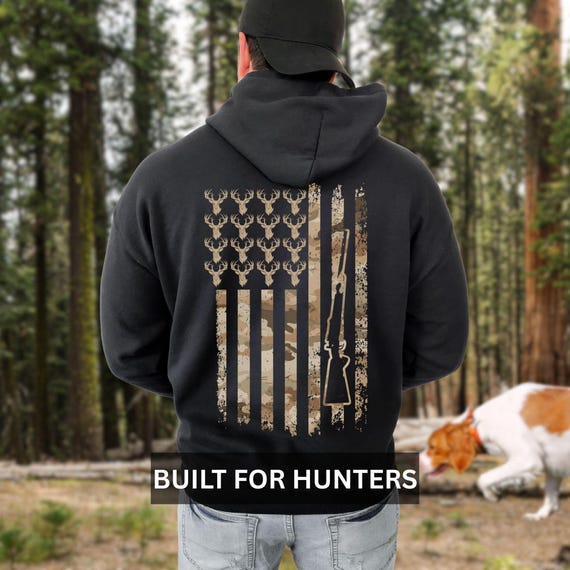 Deer Hunting Hoodie Camouflage Flag Graphic Hunting Gift For Dad Husband Patriotic Winter Wear American Hunter Sweatshirt Outdoor Shirt