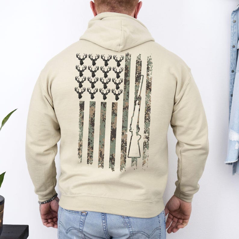 Giftable deer hunting apparel for conservative outdoorsmen, combining patriotism with function.