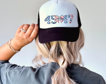 Patriotic 45 47 Trucker Hat USA Flag Bow Red White Blue Baseball Cap July 4th Hat Distressed Snapback Pro America Hat Gift Women Trump Hat