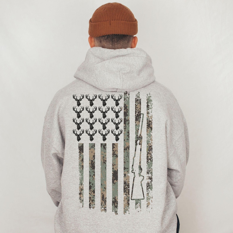 Deer hunting sweatshirt with American pride graphic, designed for everyday use or cabin weekends