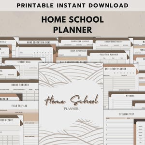 Könnte beinhalten: Eine Sammlung druckbarer Homeschool-Planerseiten in neutralen Farbtönen. Die Seiten enthalten Abschnitte für Schülerinformationen, Bücherlisten, Aufgabenverfolgung und mehr. Der Text "Home School Planner" ist deutlich sichtbar.