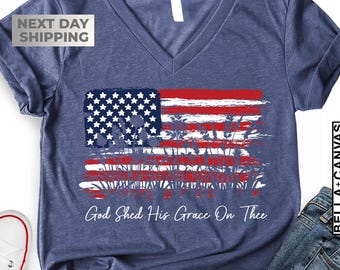 Womens Patriotic V Neck Shirt, God Shed His Grace Shirt, Vintage Christian USA Tee, Floral Flag Shirt, 4th of July Faith Shirt Women