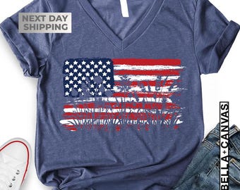 Womens Patriotic V Neck Shirt, USA Flag Flower Tee, Gift For American Pride, Floral 4th Of July Tshirt, Freedom Shirt, Labor Day Shirt Woman