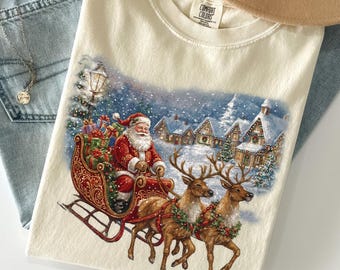 Retro Santa Shirt, Vintage 90s Christmas Tee, Rustic Holiday T shirt, Cozy Winter Shirt, Vintage Santa Claus Shirt, Santa Sleigh Xmas Shirts