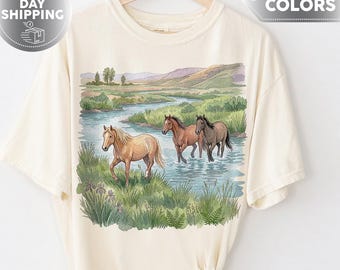 Camiseta vintage Wild Horses River, camiseta retro Western Nature Comfort Colors®, camiseta con paisaje de vida silvestre, camiseta gráfica Western, camiseta retro de los 90