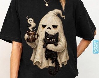 Comfort Colors® Halloween Ghost Cat Shirt, Black Cat Shirt, Spooky Season Cat Lover Gift, Vintage Halloween Graphic Tee, Ghost Coffee Tshirt