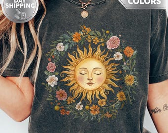 Camiseta Boho Espiritual del Sol, Camiseta Boho Bonita, Ropa Hippie Celestial, Camiseta de Fases Lunares Místicas, Top de Astrología Espiritual para Mujer