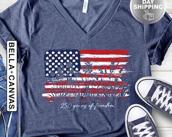 Womens Patriotic V Neck Shirt, 250 Years of Freedom Floral Tee, America 250 Shirt, Fourth of July Wildflower Top,250th Anniversary VNeck Tee