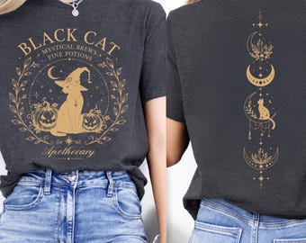 Black Cat Apothecary Halloween Shirt, Cute Witchy Vibes Tee, Halloween Black Cat Shirt, Cat Lover Shirt, Halloween Gift, Womens Fall T Shirt