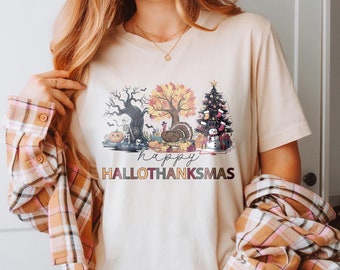 Happy Hallothanksmas Shirt, Happy Halloween Thanksgiving Christmas Shirt, Holiday Season Shirt, Fall Shirt, Funny Halloween Gift, Autumn Tee