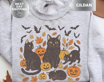 Black Cat Pumpkin Sweatshirt, Retro Halloween Sweatshirt, Spooky Black Cat Halloween Hoodies, Fall Witchy Shirt, Pumpkin Halloween Crewneck