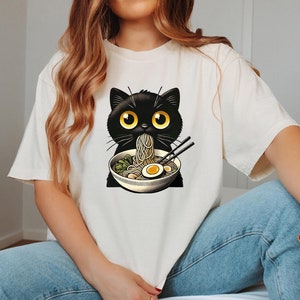 Noodle Cat Shirt, Ramen Cat T-Shirt, Funny Cat Shirt, Black Cat Noodle T-Shirts, Meme Cat Tees, Cat Lover Gifts, Cute Foodie Lover Shirts