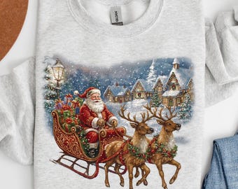 Retro Santa Sweatshirt, Vintage 90s Christmas Crewneck, Rustic Holiday Pullover, Cozy Winter Shirt, Christmas Gifts, Santa Sleigh Sweater