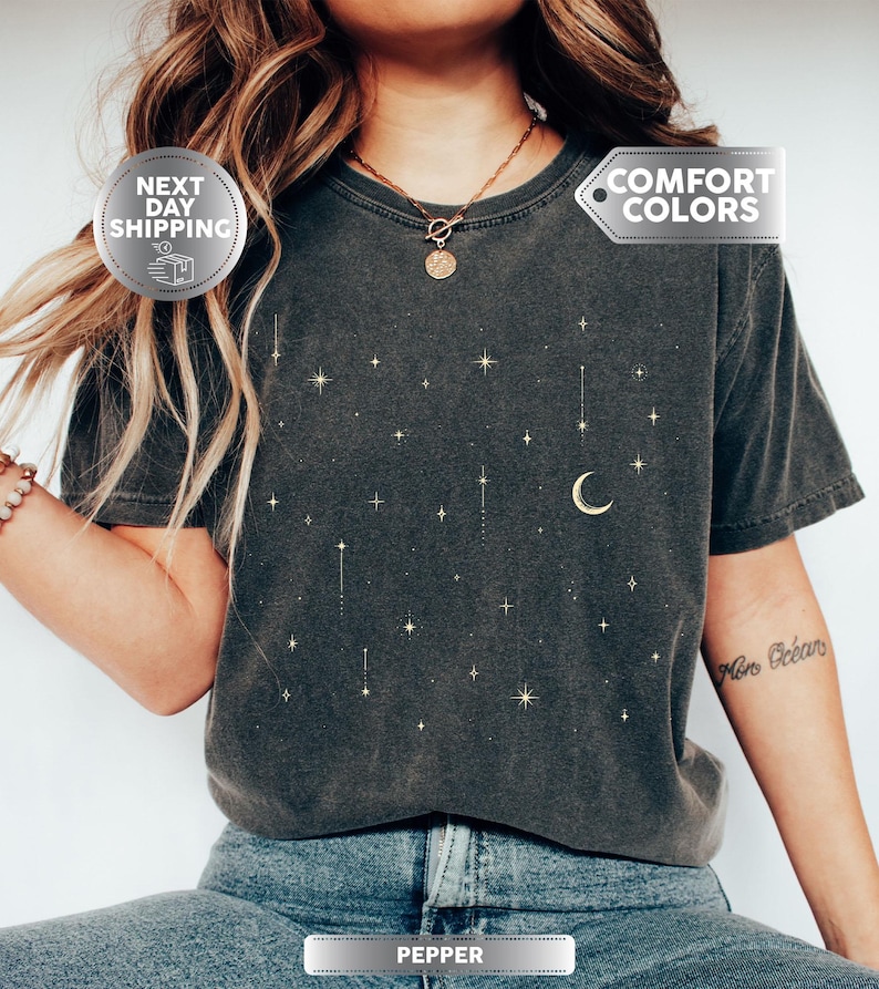 Starlight Comfort Colors® Shirt, Celestial Tee, Mystical Moon Shirt, Space Stars T-Shirt, Astrological Gift, Moon Phase Shirt, Spiritual Tee