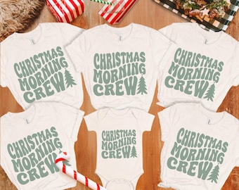 Christmas Morning Crew Shirts, Cute Matching Family Holiday Presents Tree Outfit, Unisex Adult, Kids or Baby Graphic Tee, Xmas Pajama Tops