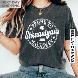 Op de afbeelding: Een donkergrijs T-shirt met een witte cirkelvormige afbeelding met de tekst "Prone to Shenanigans and Malarkey" met een klavertje vier in de cirkel.