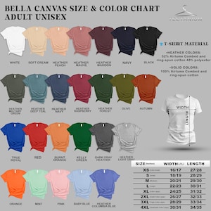 May include: A color chart for Bella Canvas adult unisex t-shirts, showcasing various colors like white, navy, and heather gray. The chart includes size measurements in inches, and the t-shirt material composition.