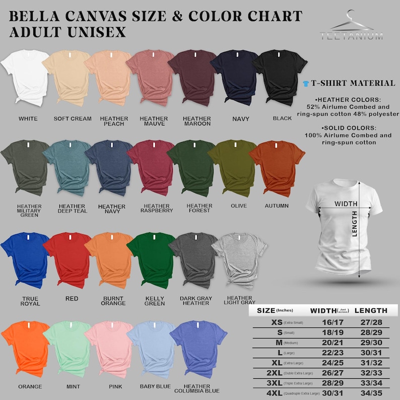 May include: A color chart for Bella Canvas adult unisex t-shirts, showcasing various colors like white, navy, and heather gray. The chart includes size measurements in inches, and the t-shirt material composition.