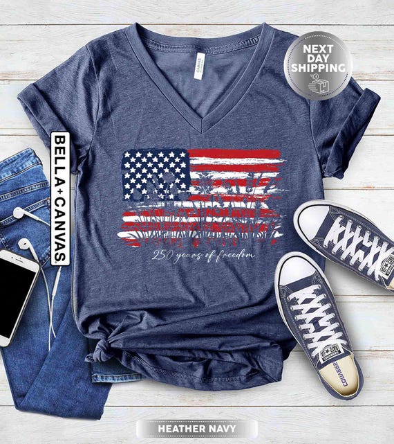 Womens Patriotic V Neck Shirt, 250 Years of Freedom Floral Tee, America 250 Shirt, Fourth of July Wildflower Top,250th Anniversary VNeck Tee