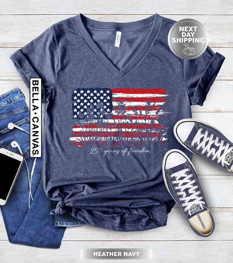 Womens Patriotic V Neck Shirt, 250 Years of Freedom Floral Tee, America 250 Shirt, Fourth of July Wildflower Top,250th Anniversary VNeck Tee