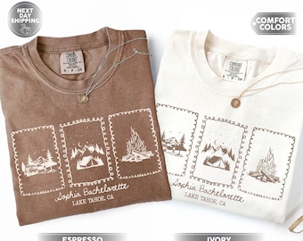 Camiseta para despedida de soltera en un campamento, camiseta personalizada para viaje al lago Bach, camisetas a juego para novias de montaña, regalo nupcial para excursionistas, camiseta nupcial personalizada para tripulación de cabaña