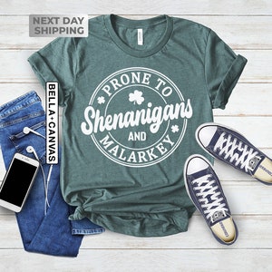 Op de afbeelding: Een tealgroen T-shirt met een witte cirkelvormige afbeelding met de tekst "*PRONE TO SHENANIGANS AND MALARKEY*" met een klavertje vier erin.