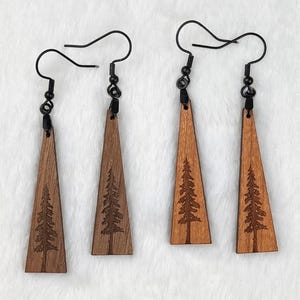 Pine Tree Wooden Earrings, Engraved Rustic Dangles, Walnut or Cherry Wood, Stainless Steel Hooks, Nature Lover Jewelry, Gift For Her