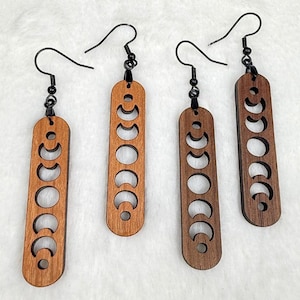 Wooden Earrings, Crescent Moon Earrings, Lightweight Long Earrings, Walnut or Cherry Wood, Stainless Steel Hooks, Moon Jewelry, Gift For Her