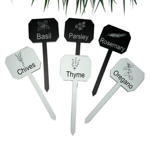 Herb and Vegetable Garden Stakes | Laser Engraved | Gardeners Gifts | Plant Markers | Black and White Acrylic | Modern Garden Decoration