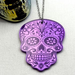 Purple Skull Car Charm, Mirrored Acrylic Vehicle Accessory, Engraved Gothic Decor, Car Hanging Charm, Floral Rearview Mirror Gift