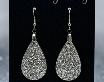 Silver Glitter Acrylic Earrings | Sparkle & Shine | Dangle, Long Earrings | Lightweight | Laser Cut | Glitter Accessories, Teardrop Earrings