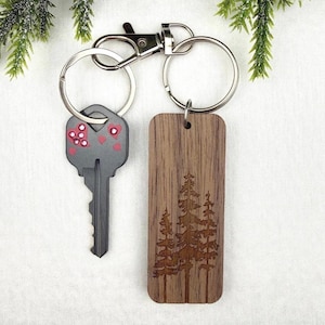Wooden Keychain, Trio Pine Tree Keychain, Personalized Key Ring, Custom Keychain, Rustic Nature Gift, Engraved Bag Tag, Backpack Accessory