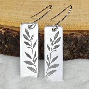 Silver Mirrored Acrylic Rectangle Earrings, Leaf Engraved Lightweight Dangles, Reflective Earrings, Stainless Steel Hardware, Botanical Gift