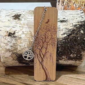 Willow Tree Wooden Bookmark, Engraved Bookmark, Personalized Book Lover Gift, Nature Bookmark with Tree of Life Charm, Custom Reader Gift